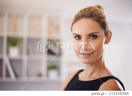 Business woman, portrait and smile in office with creative worker and designer employee at startup. Staff, confidence and workplace with professional art director ready for working and job at agency 113338564
