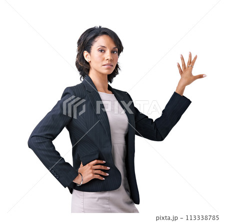 Business, woman and presentation hand portrait in studio for professional work, corporate information in formal fashion. Black person, face and arm for project confidence, mockup on white background Business, woman and presentation hand portrait in studio for professional work, corporate information in formal fashion. Black person, face and arm for project confidence, mockup on white background 113338785
