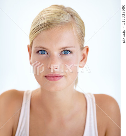 Portrait, skincare and beauty of blonde woman in studio isolated on a white background. Face, cosmetics and natural model in spa facial treatment, dermatology or healthy skin glow, shine and wellness Portrait, skincare and beauty of blonde woman in studio isolated on a white background. Face, cosmetics and natural model in spa facial treatment, dermatology or healthy skin glow, shine and wellness 113338900