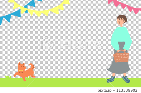 Colorful flags and woman and dog illustration 113338902