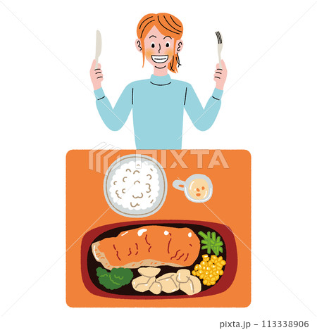 食事_女性_フォークナイフ_夕食2 113338906