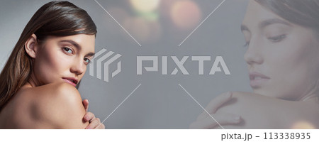 Beauty, overlay and portrait of woman with mockup space for advertising, makeup promotion and banner. Skincare, dermatology and face of person with cosmetics, glamour and wellness on gray background Beauty, overlay and portrait of woman with mockup space for advertising, makeup promotion and banner. Skincare, dermatology and face of person with cosmetics, glamour and wellness on gray background 113338935