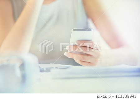 Closeup, hands and business woman with phone in office for social media networking or contact communication. Smartphone, app and female manager online for internet, search or blog, email or texting 113338945