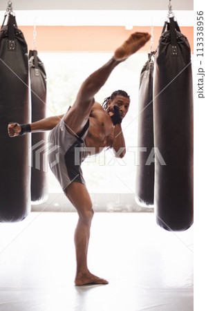 Men, coach and mixed martial arts with training fight, gloves and punch pad for fitness in gym. People, combat and action for mma, boxing or hands for power, workout and exercise for competition 113338956