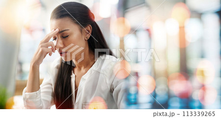 Woman, stress and headache at office, work and bokeh with mental health, financial crisis and startup failure. Workplace, mistake and thinking as overworked finance worker, auditor and frustrated 113339265
