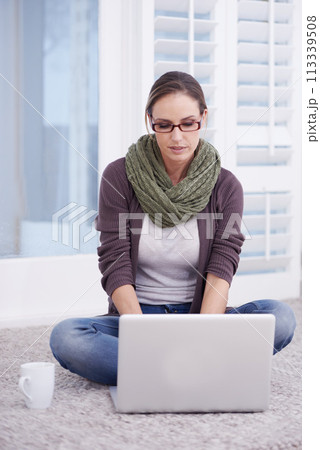Woman, laptop on floor and remote work with research, information and writing email for blog and copywriting. Productivity, coffee and employee working from home for freelancing copywriter and tech 113339508