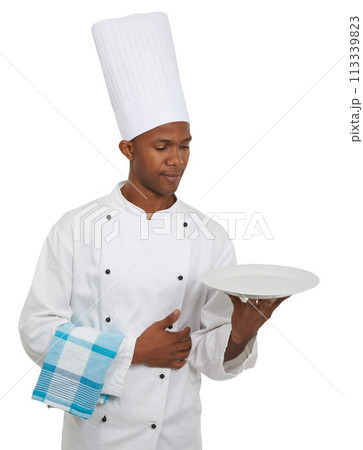 Man, chef and show empty plate in studio isolated on a white background mockup space. African person, cooking and dish presentation in catering service, professional advertising menu and restaurant 113339823