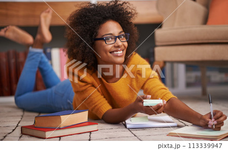 Woman, portrait and library books with notebook or academic research paper, university education or scholarship. Female person, glasses and floor as student for exam learning, literature or project 113339947