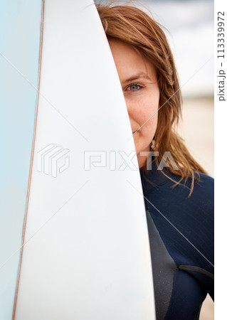 Surfboard, portrait or female surfer at sea for fitness training, workout or sports exercise in Hawaii. Healthy, athlete or woman ready for surfing on fun holiday vacation at beach, ocean or nature Surfboard, portrait or female surfer at sea for fitness training, workout or sports exercise in Hawaii. Healthy, athlete or woman ready for surfing on fun holiday vacation at beach, ocean or nature 113339972