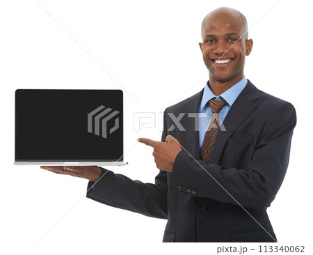 Portrait, business and black man with a laptop, pointing and employee isolated on white studio background. Face, African person or model with pc, promotion or digital app with opportunity or feedback 113340062