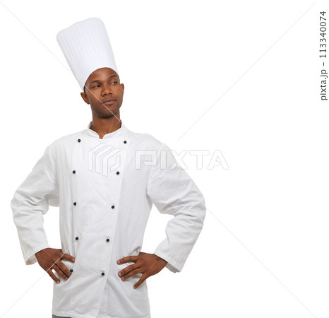 Man, chef and thinking of idea, professional and confident guy on white studio background. African person, culinary expert and mockup space with career, hospitality industry and employee uniform Man, chef and thinking of idea, professional and confident guy on white studio background. African person, culinary expert and mockup space with career, hospitality industry and employee uniform 113340074