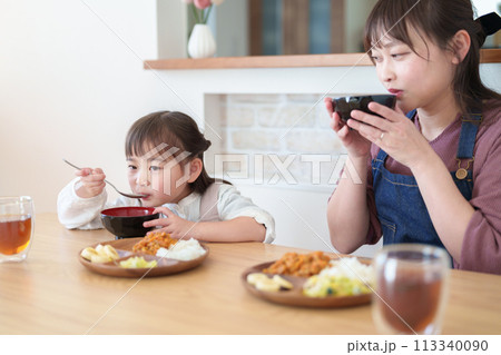 ごはんを食べる女の子とお母さん 113340090