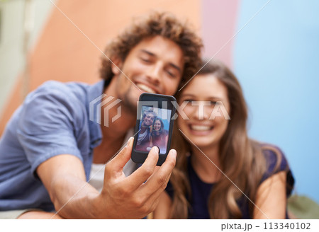 Couple, selfie and portrait with smartphone for picture, smile and post for social media on summer vacation. Man, woman and together for memory on holiday with digital photo on cellphone for online 113340102