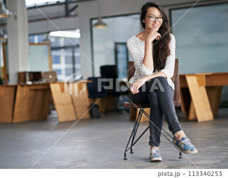 Woman, thinking and happy in office for creative career in concept development for designing agency or company. Female person, carefree and confident in workplace in Atlanta for employee internship. 113340253