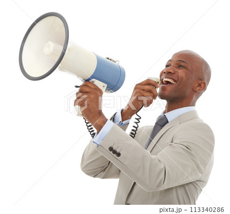 Happy black man, megaphone and business announcement for communication on a white studio background. African person, employee or businessman smile with loudspeaker for alert or notification on mockup 113340286