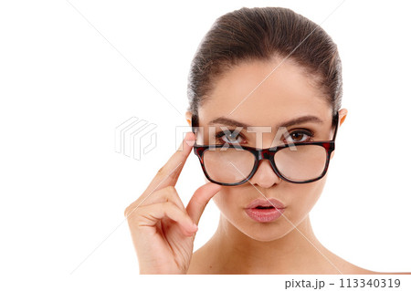Woman, portrait and glasses in studio for optometry, lens and confidence for frame or eyewear. Serious person, eyecare and eye insurance on white background, treatment and prescription for health 113340319