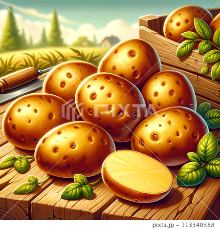 たくさんのじゃがいものイラスト。屋外のテーブルに置かれている複数の新鮮なジャガイモ 113340388
