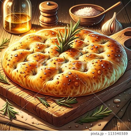 フォカッチャのイラスト。焼きたてのフォカッチャがまるごと置かれている 113340389