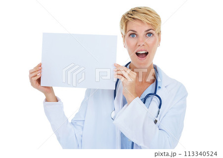 Doctor, woman and surprise in portrait, poster for advertising and healthcare info with board on white background. Medical professional with wow announcement, paper or mockup space for ads in studio Doctor, woman and surprise in portrait, poster for advertising and healthcare info with board on white background. Medical professional with wow announcement, paper or mockup space for ads in studio 113340524