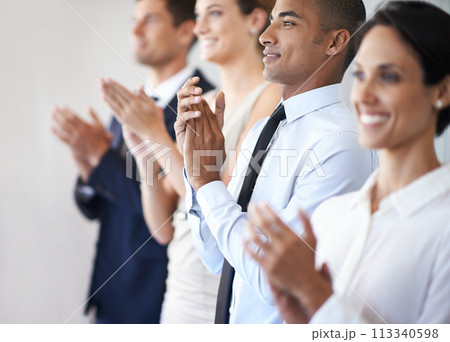 Diversity, coworker and clapping in office, professional celebration for presentation. Success, standing and applause with corporate businesspeople, team victory for winning in work environment 113340598