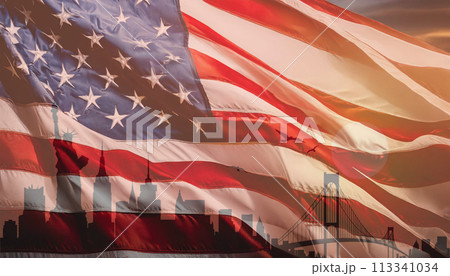 風にはためく星条旗とアメリカのイメージのコラージュ 113341034