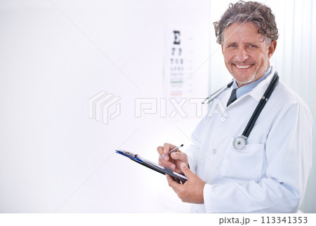 Happy, optometrist and portrait of doctor in eye exam with a checklist for healthcare, insurance or results of test. Clinic, paperwork or man in hospital with question of information for document 113341353
