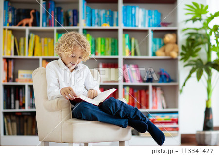 Child reading book. Kids read. School education. 113341427