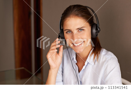Portrait, customer service and sales consultant with headset professional, formal clothes and working in office. Woman, smile and talking with clients for support, advise and help in call center Portrait, customer service and sales consultant with headset professional, formal clothes and working in office. Woman, smile and talking with clients for support, advise and help in call center 113341541