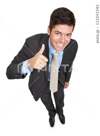 Businessman, portrait and thumbs up for like in studio, yes and motivation for winner on white background. Male person, top view and emoji for agreement or success, promotion and great or thank you Businessman, portrait and thumbs up for like in studio, yes and motivation for winner on white background. Male person, top view and emoji for agreement or success, promotion and great or thank you 113341592