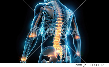 3D medical illustration of a human skeleton with highlighted spine and joints. Generative AI. 3D medical illustration of a human skeleton with highlighted spine and joints. Generative AI. 113341642