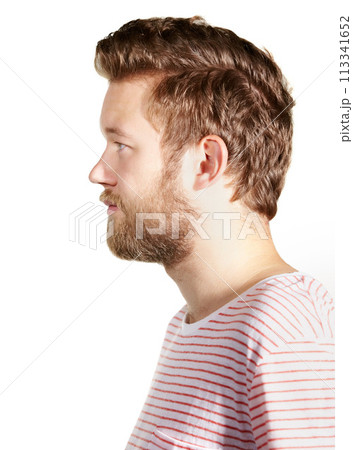 Face profile, hair and beard with man in studio isolated on white background for masculine grooming. Beauty, model and haircare with young person at barber or hairdresser for hygiene or self care 113341652