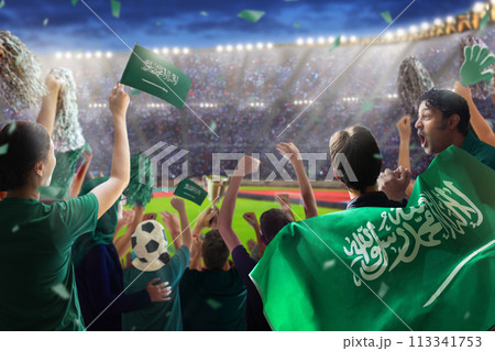 Saudi Arabia football team supporter on stadium. Saudi Arabia football team supporter on stadium. 113341753