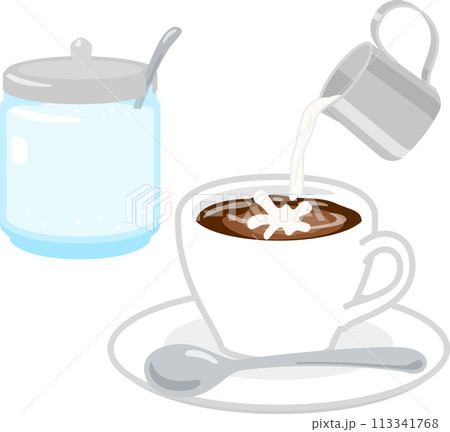 ミルクピッチャーからコーヒーに注がれるミルク ミルクピッチャーからコーヒーに注がれるミルク 113341768