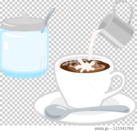 ミルクピッチャーからコーヒーに注がれるミルク ミルクピッチャーからコーヒーに注がれるミルク 113341768