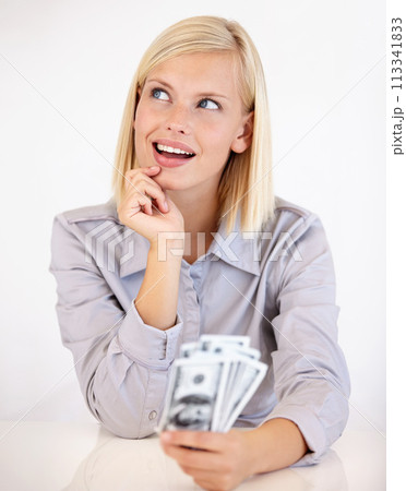 Thinking, woman and money with financial idea, investment and savings for budget with reward. Wealth, wondering and happy person with cash profit from work bonus in studio with white background 113341833