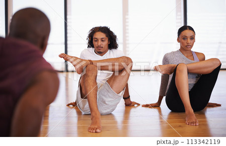 Dancer, class and people stretching legs on floor to start rehearsal together in studio or academy. Training, body and healthy exercise for fitness in creative school with yoga or pilates workout 113342119