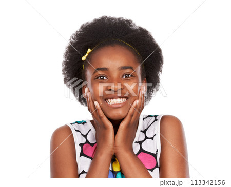 Happy, portrait and young black girl in a studio with positive, good and confident attitude. Sweet, smile and headshot face of gen z African teenager with natural hair isolated by white background. Happy, portrait and young black girl in a studio with positive, good and confident attitude. Sweet, smile and headshot face of gen z African teenager with natural hair isolated by white background. 113342156