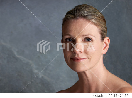 Mature woman, studio and beauty for portrait, skincare and natural look in fresh treatment and wrinkles. Beautiful female person, face and happy in grey background, face and cosmetic confidence Mature woman, studio and beauty for portrait, skincare and natural look in fresh treatment and wrinkles. Beautiful female person, face and happy in grey background, face and cosmetic confidence 113342159