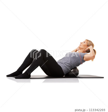 Exercise, ball and woman with workout, energy and wellness isolated on white studio background. Person, mockup space and girl on a mat, core training and balance with endurance, progress or challenge 113342203
