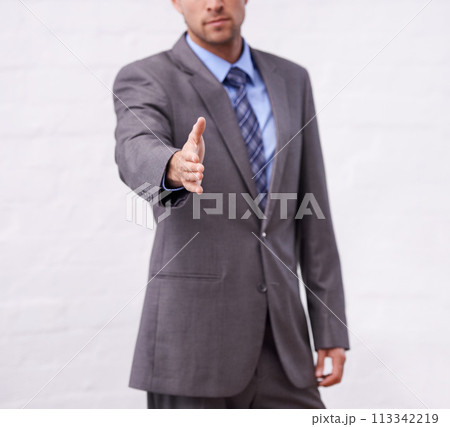 Business man, handshake and introduction for interview, agreement or welcome to deal, success and thank you. Professional or corporate person shaking hands for partnership on a white wall background Business man, handshake and introduction for interview, agreement or welcome to deal, success and thank you. Professional or corporate person shaking hands for partnership on a white wall background 113342219