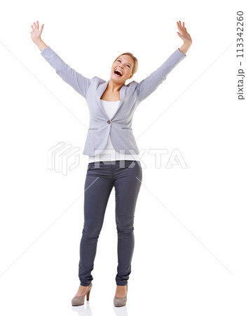Wow, winner and success with business woman in studio isolated on white background for celebration. Energy, motivation and goals with happy young person cheering for target, achievement or victory Wow, winner and success with business woman in studio isolated on white background for celebration. Energy, motivation and goals with happy young person cheering for target, achievement or victory 113342260