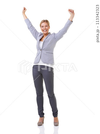Portrait, winner and success with business woman in studio isolated on white background for celebration. Wow, motivation and goals with happy young person cheering for target, achievement or victory Portrait, winner and success with business woman in studio isolated on white background for celebration. Wow, motivation and goals with happy young person cheering for target, achievement or victory 113342323