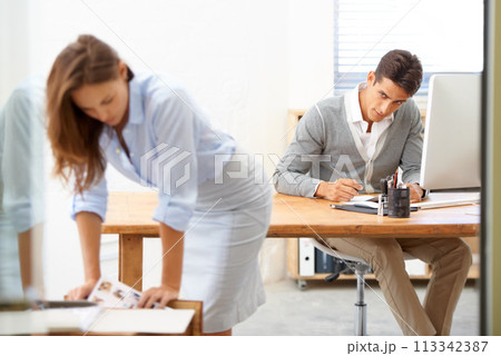 Sexual harassment, businessman spying or body of employee in office working with coworker looking. Watch, lust problem or woman with toxic predator or unprofessional male colleague or pervert peeping 113342387