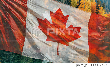 風に靡くカナダ国旗とカナダのイメージのコラージュ 113342423