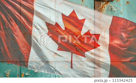 風に靡くカナダ国旗とカナダのイメージのコラージュ 113342425