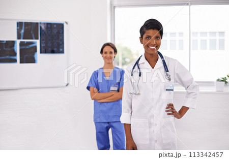 Portrait, leader and smile of medical team in hospital for healthcare, wellness and arms crossed. Happy doctor, nurse and collaboration of professional experts or confident women in radiology clinic 113342457