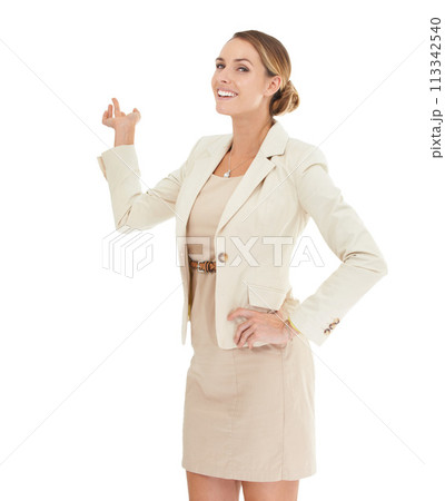 Hand, presentation or portrait of businesswoman with mockup space, offer or about us. White background, studioor happy advisor showing a sales discount, promotion announcement or investment news 113342540