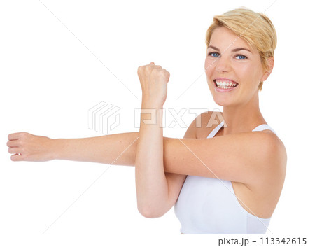 Woman, portrait and stretching for workout and fitness with health, wellness and warm up body on white background. Happy athlete start training, sport and ready for exercise in studio with muscle 113342615