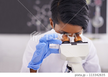 Woman, microscope and scientist in laboratory for medical research, experiment and innovation. Science, technology and researcher or doctor with equipment for sample analysis and bacteria testing 113342635