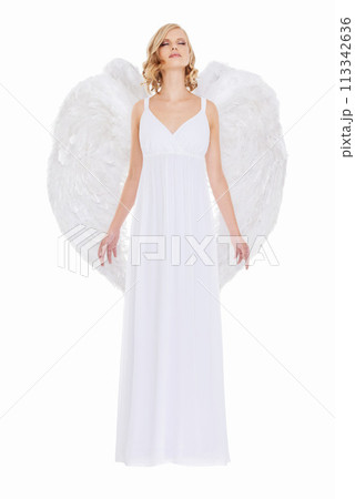 Woman, face and fantasy in studio with angel wings for halloween dress up, celestial fashion or confidence. Model, person and beauty with heavenly costume, relax or natural makeup on white background 113342636